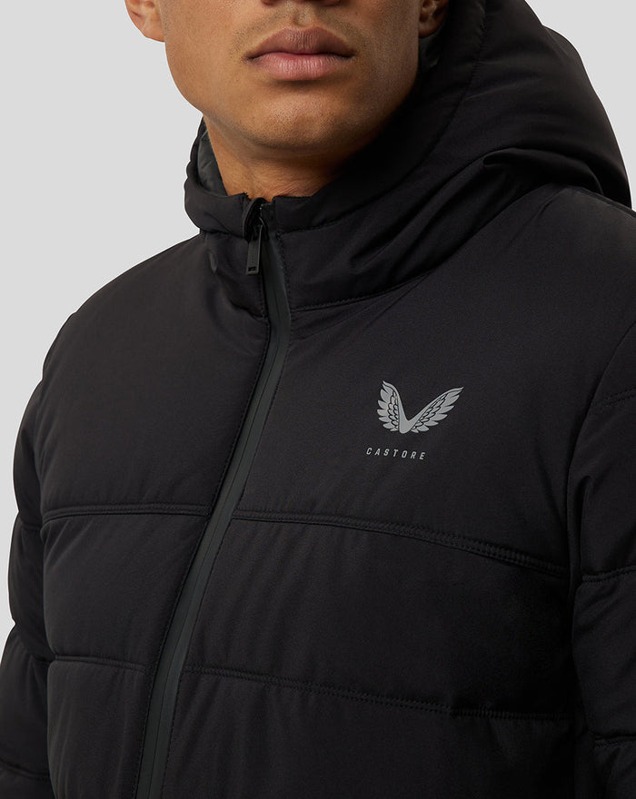 Close up of black hooded Onyx Protek Insulated Jacket showing chest logo and zipper.