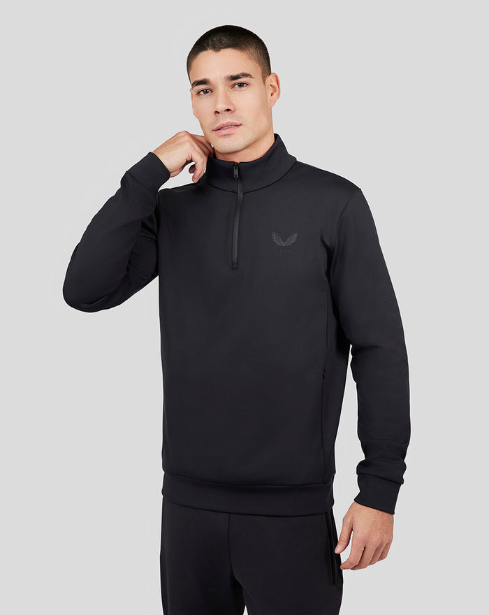 Front view of black Onyx Garcia Quarter Zip top with a coated front zip and tonal branding